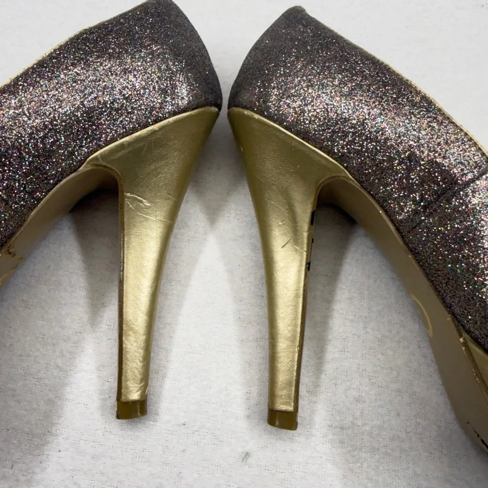 G By Guess Glitter Peep‎ Toe Platform Stiletto Heels Sparkly Gold Working Club
